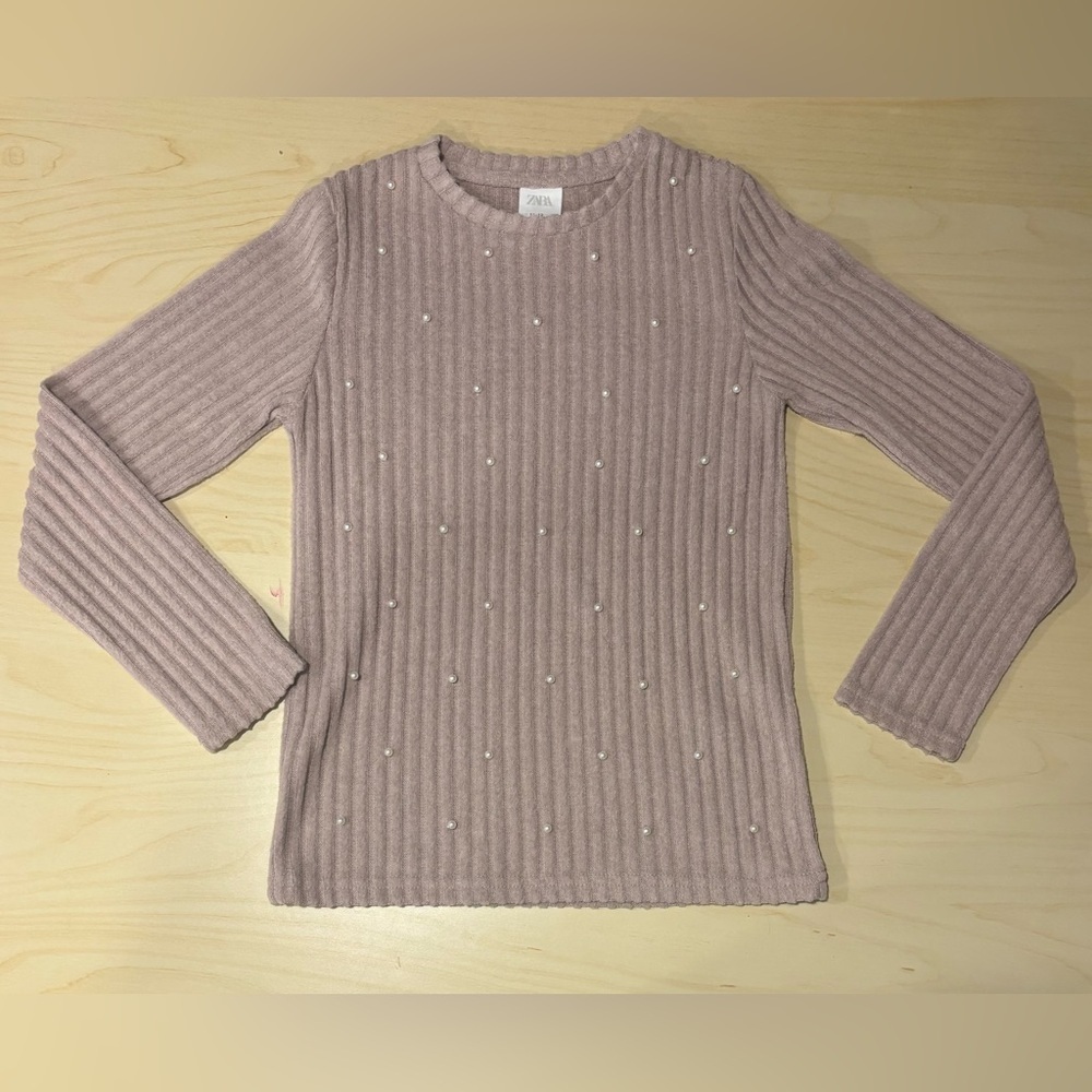 Zara Mauve Ribbed Top with Pearl Embellishments (11-12)